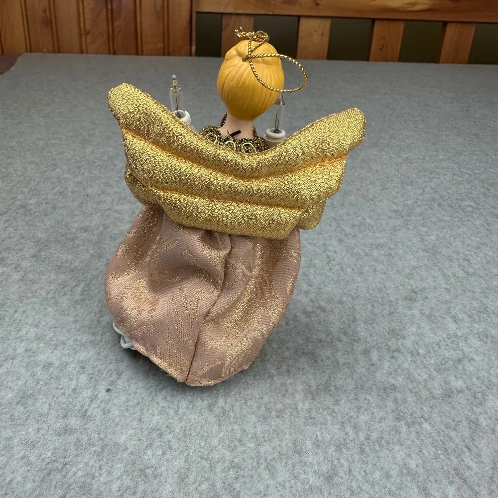 Vintage Lighted Porcelain Angel Christmas Tree Topper Gold Rose Brocade 10‎ Inch